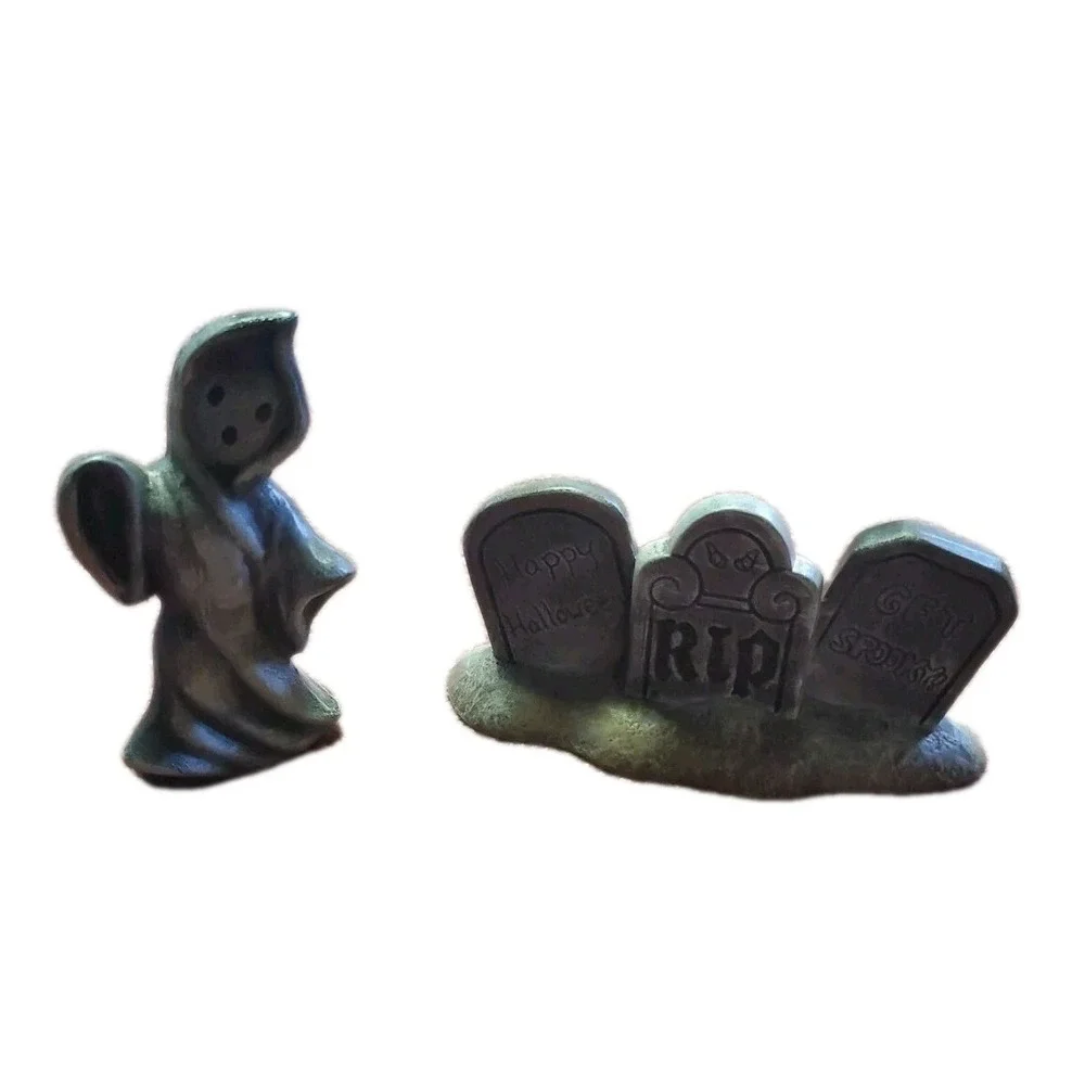 Vintage Halloween Ceramic Ghost & RIP Tombstone Graveyard Figurine Set Painted